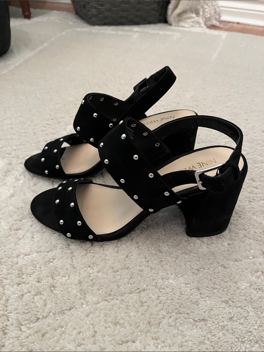 Nine West Black Leather/Suede Studded Block Heels